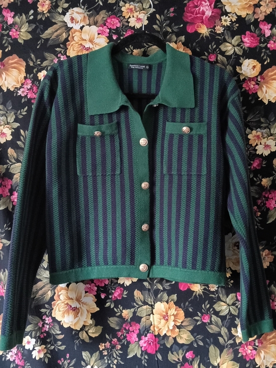 Emerson Lang Sweaters - Emerson Lang Green & Navy Striped Button-Front Sweater Jacket